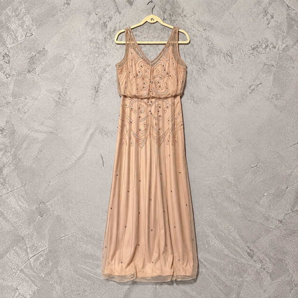 Adrianna Papell Blush Beaded Sequin Maxi Gown Art Deco Formal Mesh 10